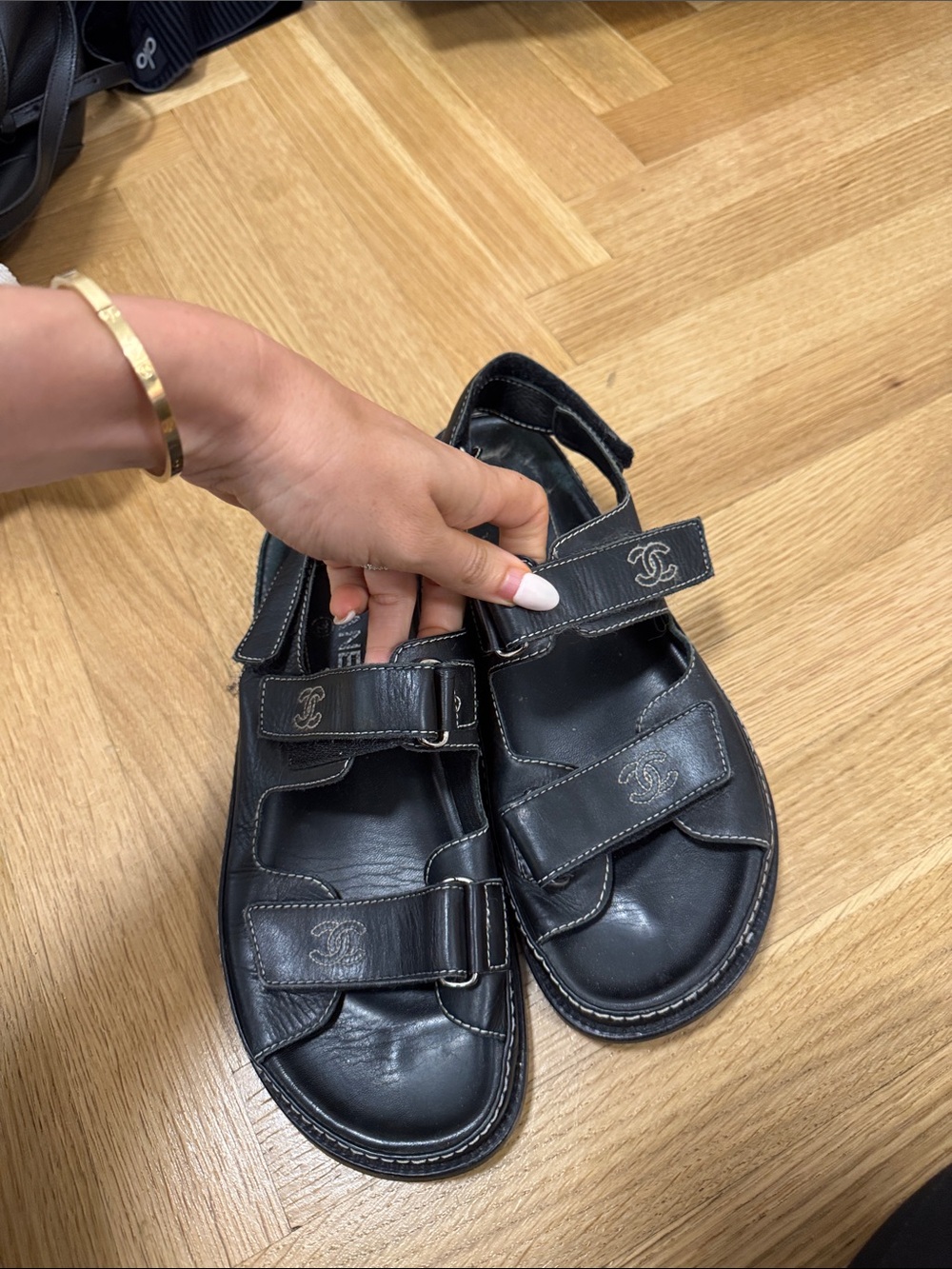CHANEL Black Leather Velcro Logo Sandals
